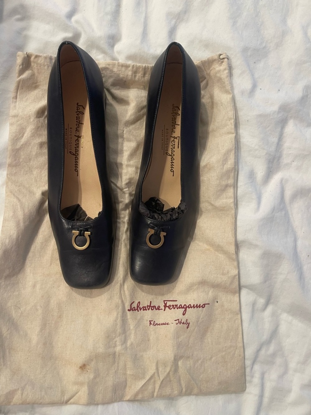 Salvatore Ferragamo Blue Leather Square-Toe with Gold Gancini - Picture 2 of 4